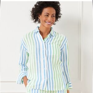 TALBOTS 100% Linen Boxy Shirt Size Large Petite LP Colorful Playfull Stripe